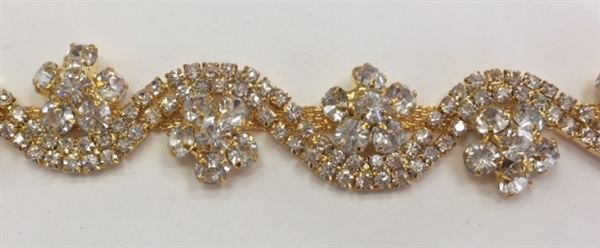 CHN-RHS-065-GOLD. CRYSTAL RHINESTONE ON GOLD METAL CHAIN - 3/4 INCH WIDE - PRICE IS PER YARD