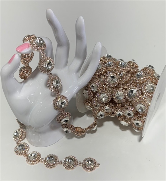 CHN-RHS-068-ROSEGOLD. CRYSTAL RHINESTONE ON ROSE GOLD METAL CHAIN - 3/4 INCH WIDE - $16 PER YARD