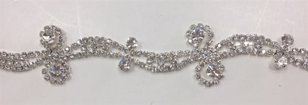 CHN-RHS-069-SILVER. CRYSTAL RHINESTONE ON SILVER METAL CHAIN - 1 INCH WIDE - $15 PER YARD