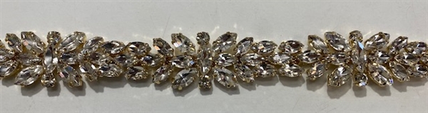 CHN-RHS-080-SILVER-GOLD.   CLEAR CRYSTAL RHINESTONE ON GOLD METAL CHAIN - 1 INCH WIDE