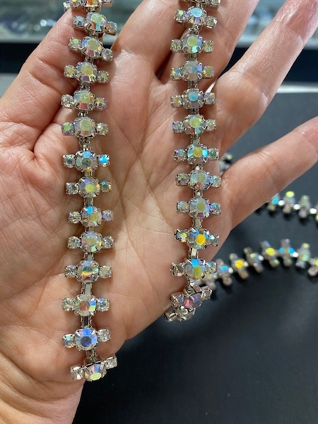 CHN-RHS-081-AB.   AB CRYSTAL RHINESTONE ON SILVER METAL CHAIN - 1/2 INCH WIDE