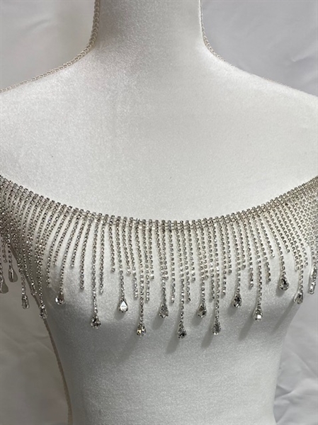 CHN-RHS-084-SILVER. CLEAR CRYSTAL RHINESTONE CHAIN FRINGE WITH ENDING TEAR-DROP CRYSTAL - ON SILVER METAL - 4 INCH LONG