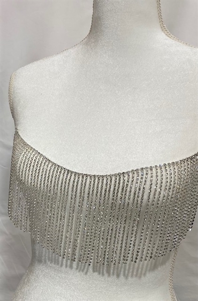 CHN-RHS-085-SILVER. CLEAR CRYSTAL RHINESTONE CHAIN FRINGE - ON SILVER METAL - 5 INCH LONG