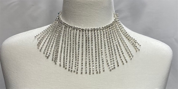 CHN-RHS-086-SILVER. CLEAR CRYSTAL RHINESTONE CHAIN FRINGE - ON SILVER METAL - 3 INCH LONG