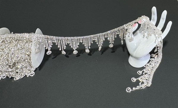 CHN-RHS-095-SILVERFRINGE. Clear Crystal Rhinestones on Silver Metal Chain As Fringe - 2 Inch Wide