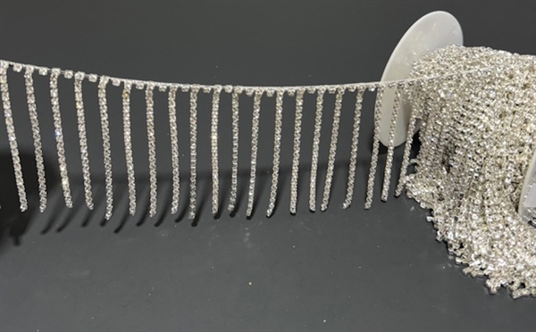 CHN-RHS-097-SILVERFRINGE. Clear Crystal Rhinestones on Silver Metal Chain As Fringe - 3 Inch Wide
