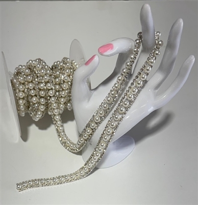 CHN-RHS-101-SILVERPEARL. Clear Crystal Rhinestones With White Pearls on Silver Metal Chain - 3/8 Inch Wide