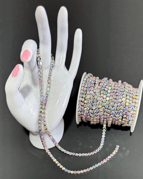 CHN-RHS-102-ABSILVER-4MM. AB Crystal Rhinestones on Silver Metal Chain - 4 MM Wide