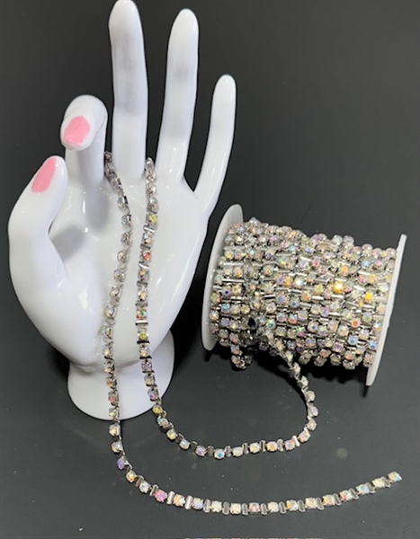 CHN-RHS-103-ABSILVER-4MM. AB Crystal Rhinestones on Silver Metal Chain - 4 MM Wide