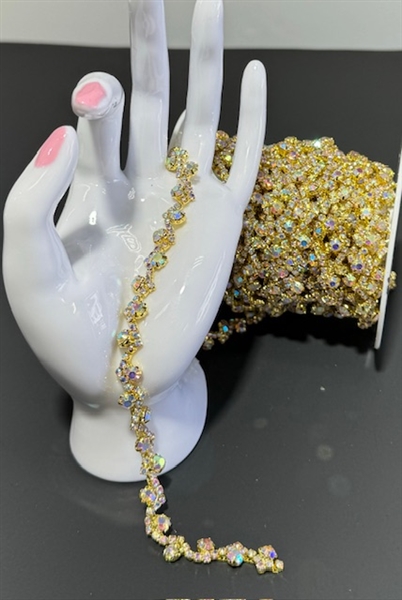 CHN-RHS-106-ABGOLD. AB Crystal Rhinestones on Gold Metal Chain - 3/8 Inch Wide