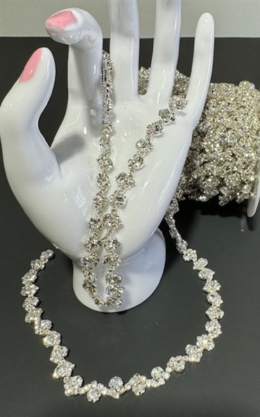 CHN-RHS-106-CLEARSILVER. Clear Crystal Rhinestones on Silver Metal Chain - 3/8 Inch Wide