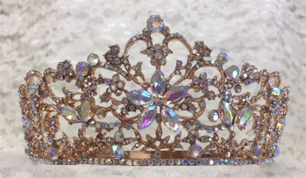 CWN-102-ROSEGOLD-AB. WHOLESALE CROWN, AB CRYSTALS ON ROSE-GOLD METAL