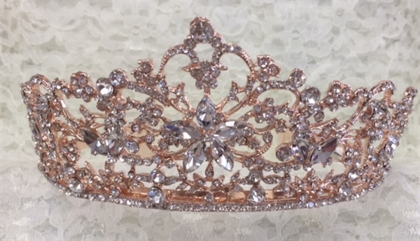 CWN-102-ROSEGOLD-CRYSTAL. WHOLESALE CROWN, CLEAR CRYSTALS ON ROSE-GOLD METAL
