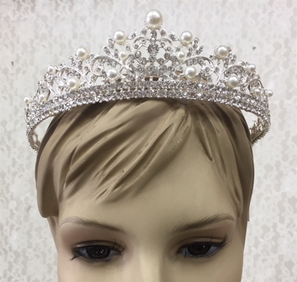 CWN-103-SILVER-CRYSTAL-PEARL. WHOLESALE CROWN, CLEAR CRYSTALS AND PEARLS ON SILVER METAL