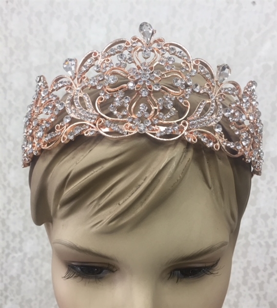 CWN-107-ROSEGOLD-CRYSTAL. WHOLESALE CROWN, CLEAR CRYSTALS ON ROSE-GOLD METAL