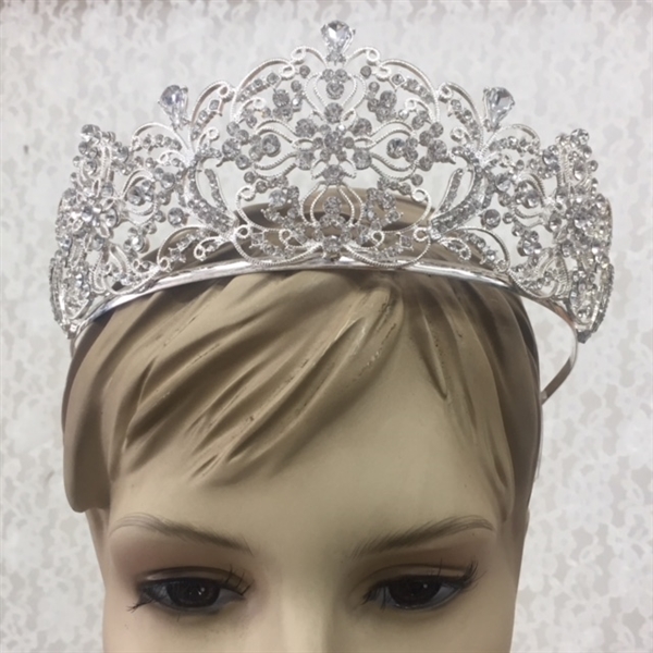 CWN-107-SILVER-CRYSTAL. WHOLESALE CROWN, CLEAR CRYSTALS ON SILVER METAL