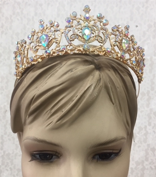 CWN-108-GOLD-AB. WHOLESALE CROWN, AB CRYSTALS ON GOLD METAL