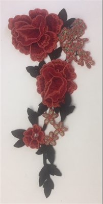 FLR-APL-008-RED. Sew-On Floral (Rose) Embroidery Applique Patch - 10.5 x 5.5 Inches