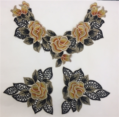FLR-APL-016. Sew-On Floral Embroidery Applique Patch.  3-PC Set