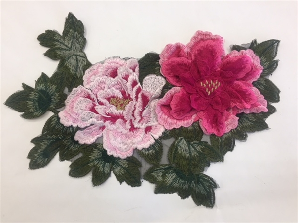 FLR-APL-019-PINK. Pink Sew On Floral Embroidery Applique Patch. Fabulous Live Colors with Raised 3-Dimensional Leaves - 13 x 9 Inches