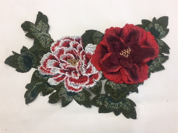 FLR-APL-019-RED. Red Sew On Floral Embroidery Applique Patch. Fabulous Live Colors with Raised 3-Dimensional Leaves - 13 x 9 Inches