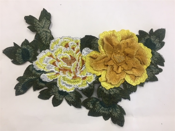 FLR-APL-019-YELLOW. Yellow Sew On Floral Embroidery Applique Patch. Fabulous Live Colors with Raised 3-Dimensional Leaves - 13 x 9 Inches