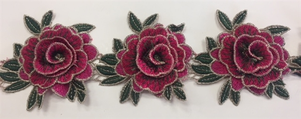 FLR-TRM-101-FUCHSIA. Sew-On Floral Embroidery Trim - Exquisite Live Colors with Raised 3-Dimensional Flowers - Sold By The Yard. 3 Inch Wide