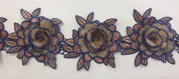 FLR-TRM-101-GREY. Sew-On Floral Embroidery Trim - Exquisite Live Colors with Raised 3-Dimensional Flowers - Sold By The Yard. 3 Inch Wide