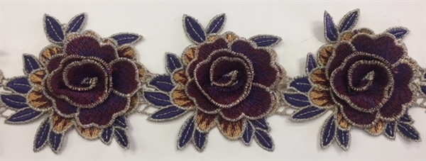 FLR-TRM-101-PURPLE. Sew-On Floral Embroidery Trim - Exquisite Live Colors with Raised 3-Dimensional Flowers - Sold By The Yard. 3 Inch Wide
