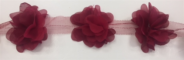 FLR-TRM-102-BURGUNDY. Flower Trim - Exquisite Live Colors with Raised 3-Dimensional Flowers - Price Per Yard. 2 Inch Wide