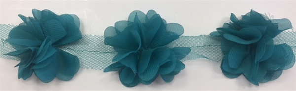 FLR-TRM-102-TEAL. Flower Trim - Exquisite Live Colors with Raised 3-Dimensional Flowers - Price Per Yard. 2 Inch Wide