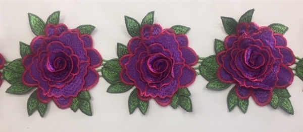 FLR-TRM-103-PURPLE. Flower Trim - Exquisite Live Colors with Raised 3-Dimensional Flowers - PURPLE - Price Per Yard: $7. 4.5 Inch Wide