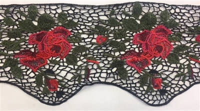 FLR-TRM-820-GREENROSE. Green and Rose Sew-On Floral Embroidery Lace Trim - Sold By The Yard. 7 Inch Wide
