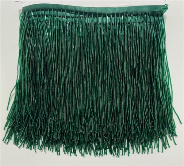 FRI-BED-107-EMERALDGREEN.  Beaded Fringe - Emerald Green Color - 6" Wide - On Green Tape - 1 yard