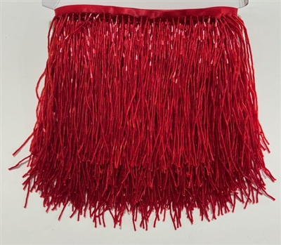 FRI-BED-107-RED.  Beaded Fringe - Red Color - 6" Wide - On Red Tape - 1 yard
