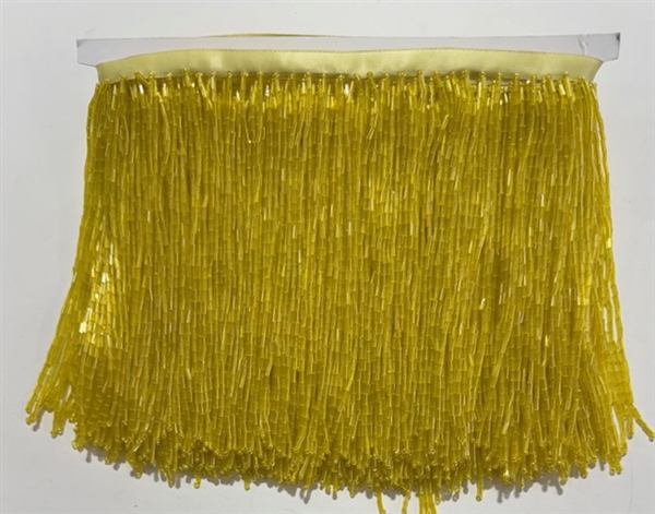 FRI-BED-107-YELLOWGOLD.  Beaded Fringe - Yellow Gold Color - 6" Wide - On Yellow Tape - 1 yard