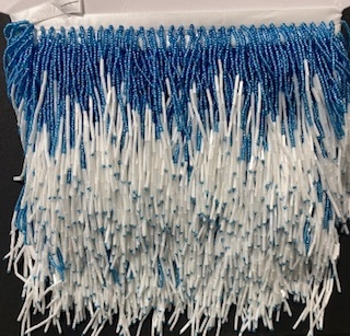 FRI-BED-108-BLUEWHITE - Beaded Fringe - Multi-Color Blue and White - 4-" to 6" Wide - On Tape - 1 yard
