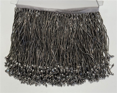 FRI-BED-109-CHARCOAL.  Beaded Fringe - Charcoal Color - 5" Wide - On Gray Tape - 1 yard