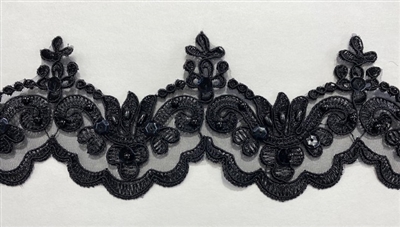 LNS-BBE-101-BLACK.  Bridal Lace with Beads - BLACK - 3" Wide