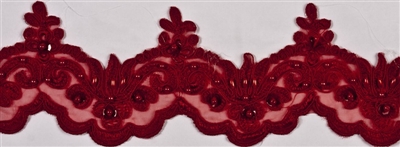 LNS-BBE-101-BURGUNDY.  3.0"-wide Bridal Lace with Beads - BURGUNDY