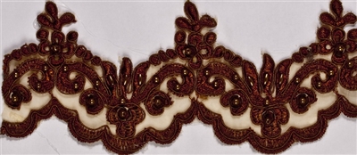 LNS-BBE-101-Brown.  3.0"-wide Bridal Lace with Beads - Brown