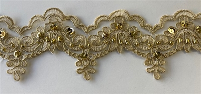 LNS-BBE-101-GOLDMETALLIC.  3.0"-wide Bridal Lace with Beads - Gold Metallic