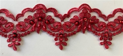 LNS-BBE-101-RED.  3.0"-wide Bridal Lace with Beads - RED