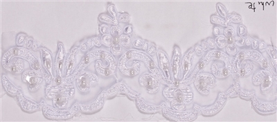 LNS-BBE-101-White.  3.0"-wide Bridal Lace with Beads - White