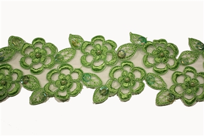LNS-BBE-103-APPLEGREEN - Bridal Lace with Beads - Apple Green - 2" Wide