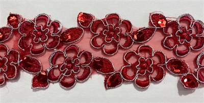 LNS-BBE-103-REDSILVERBORDER- Bridal Lace with Beads - Red With Silver Border - 2" Wide