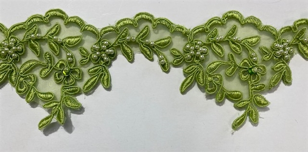 LNS-BBE-104-APPLEGREEN.  Bridal Lace with Beads - Apple Green - 3" Wide