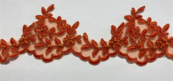 LNS-BBE-104-ORANGE.  Bridal Lace with Beads - Orange - 3" Wide