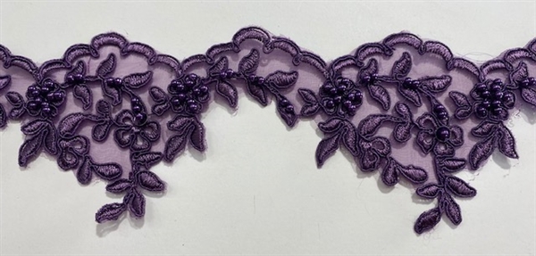 LNS-BBE-104-PLUM.  Bridal Lace with Beads - Plum - 3" Wide