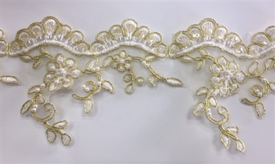 LNS-BBE-174-IVORYGOLD - EMBROIDERED BRIDAL LACE ON TULLE - IVORY-GOLD  - 3"